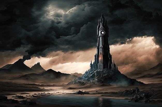 Paesaggio di Mordor con torre e cielo tempestoso che simboleggia le forze oscure del male