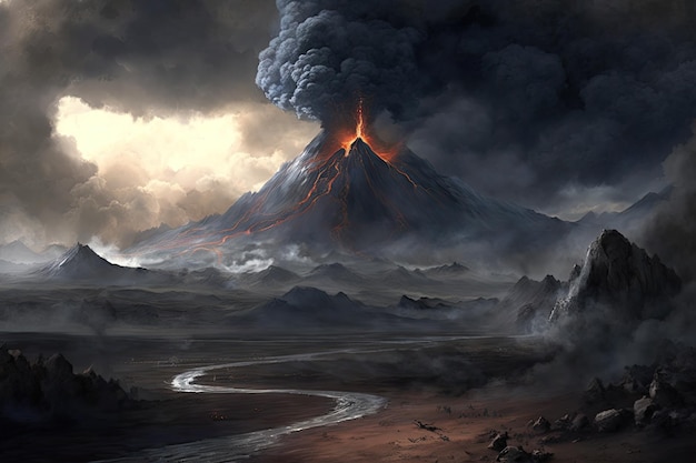 Paesaggio di Mordor con vulcano fumante sullo sfondo