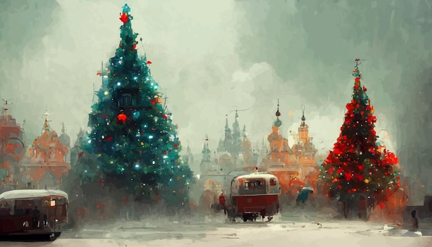 Paesaggio di Natale con neve e alberi con luci illustrazione del paesaggio di Natale