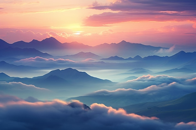 Paesaggio di nebbia mattutina e montagne all'alba