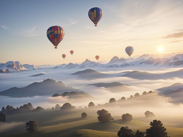 Paesaggio di nebbia mattutina e montagne con mongolfiere all'alba