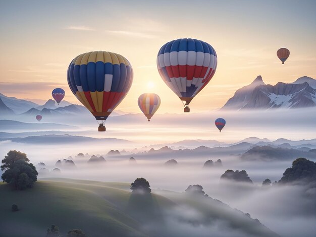 Paesaggio di nebbia mattutina e montagne con mongolfiere all'alba