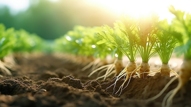 Paesaggio di piantagione d'innaffiatura di cespugli di carota verde generativa ai