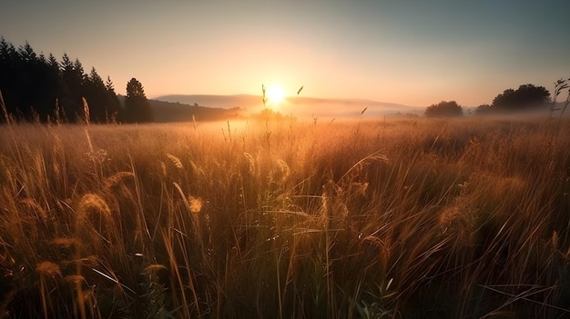 Paesaggio di praterie e alcuni alberi con il tramonto la sera dell'ora d'oro e le montagne sullo sfondo