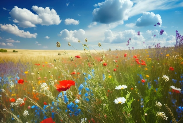 Paesaggio di prati fioriti naturali colorati con cielo blu in estate e in primavera