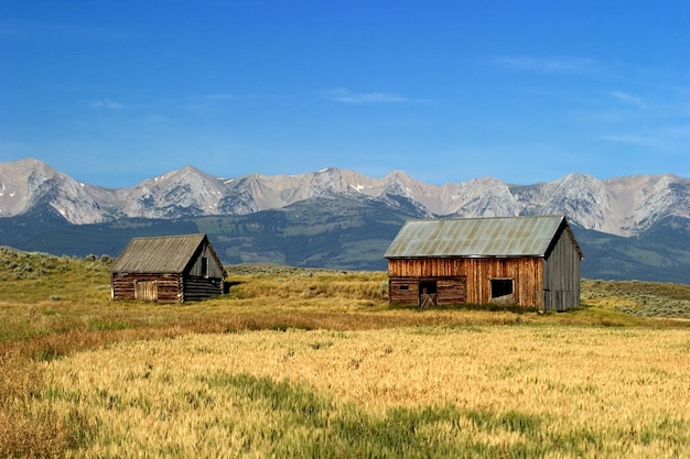 Paesaggio di prati secchi e due vecchie case di legno a Montnan USA Crazy Mountains