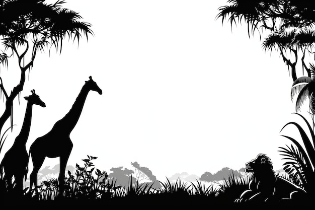 Paesaggio di safari con due giraffe al centro del leone
