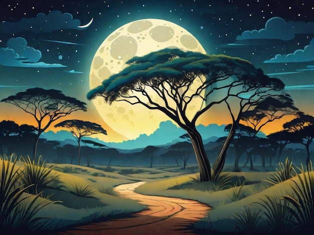 Paesaggio di savana con alberi di acacia di notte
