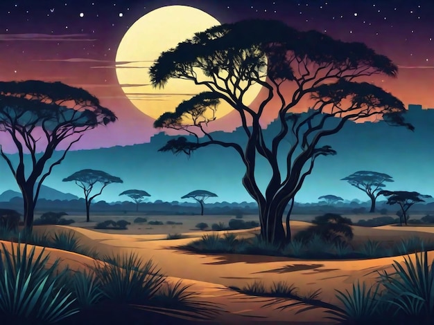 Paesaggio di savana con alberi di acacia di notte