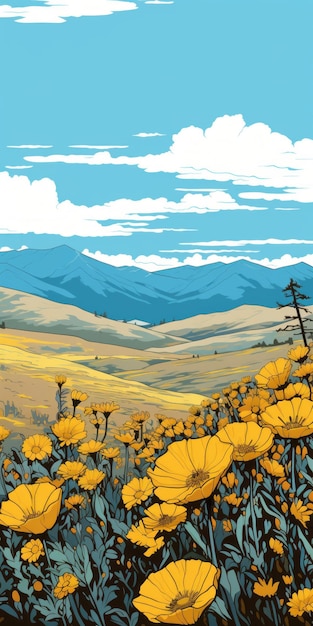 Paesaggio di savana con fiori gialli e montagne in stile Becky Cloonan