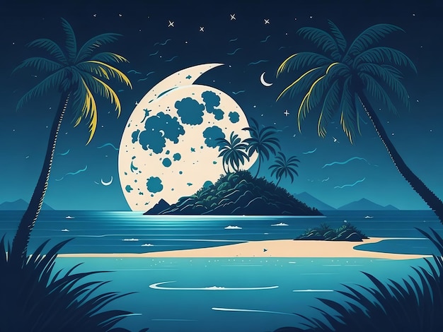 Paesaggio di sfondo mare e spiaggia illustrazione vettoriale sorridente tono di fantasia sole alla sera