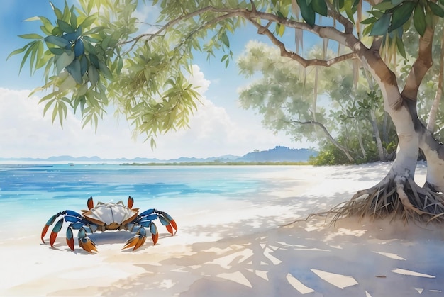 Paesaggio di spiaggia catturato dal Paradiso con acquerelli colorati di granchi