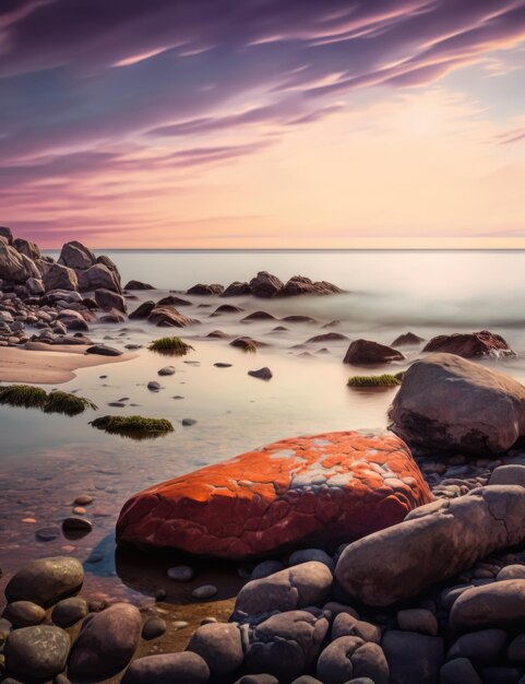 Paesaggio di spiaggia con rocce sul mare e cielo blu creato utilizzando la tecnologia generativa ai