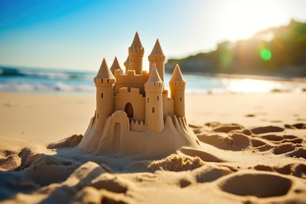 Paesaggio di spiaggia dell'ora d'oro con il castello di sabbia