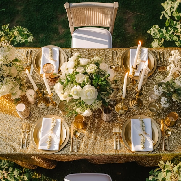 Paesaggio di tavolo per le vacanze, tavolo da pranzo d'oro, tavolo per la cena formale, tavolo con decorazione d'oro per feste di nozze e celebrazioni di eventi.