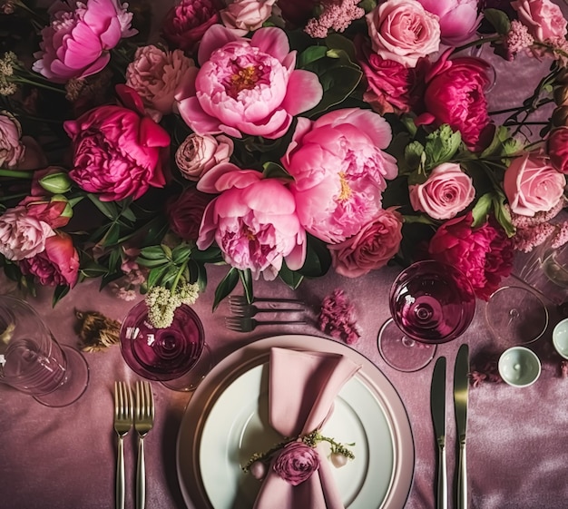 Paesaggio di tavolo per le vacanze, tavolo da pranzo formale, tavolo a peonia rosa, tavolo con peonie, decorazione per feste di nozze e feste di eventi.