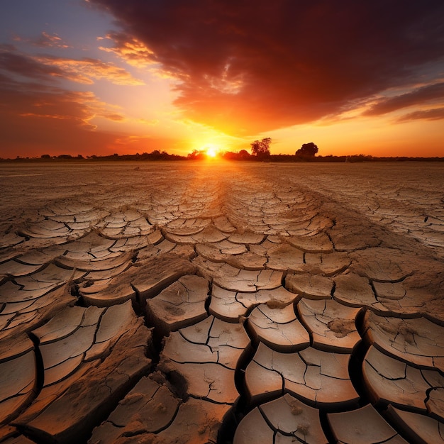 paesaggio di terra fessurata e suolo al tramonto