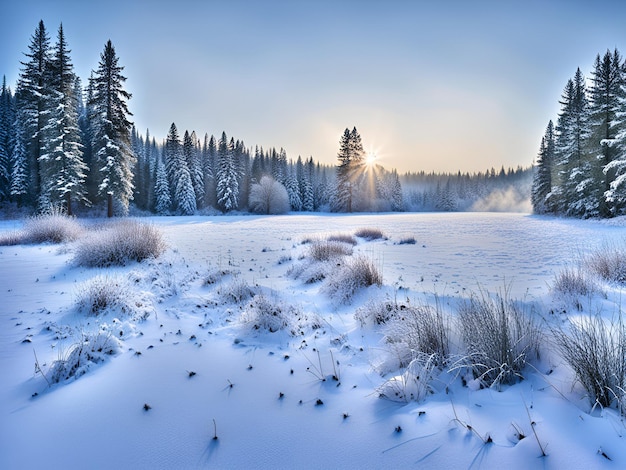 Paesaggio di tramonto invernale con alberi e neve