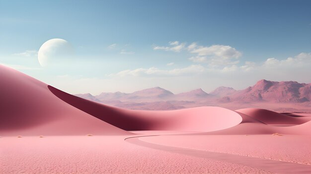 Paesaggio di tramonto rosa con dune del deserto con sabbia e cielo AI generativa