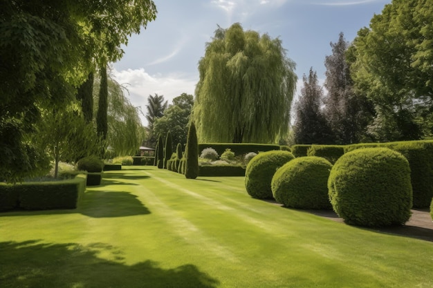 Paesaggio di un bellissimo prato con alberi e cespugli in lontananza creato con ai generativo