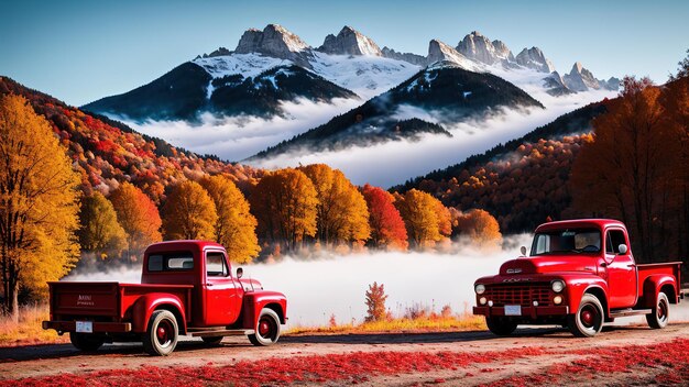 Paesaggio di un camioncino rosso sullo sfondo di un pittoresco villaggio di montagna