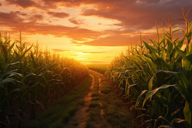 Paesaggio di un campo di mais e di una fattoria di mais con il tramonto