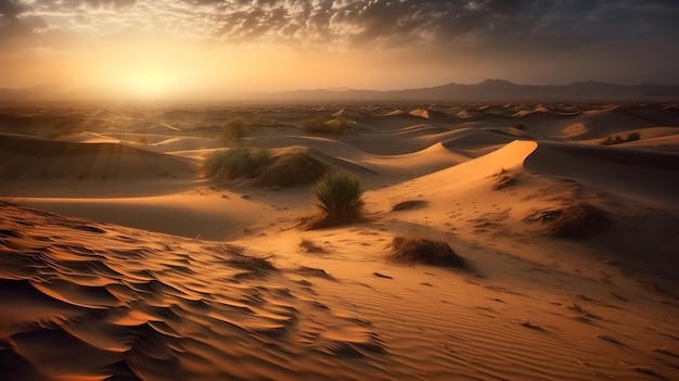 Paesaggio di un deserto caldo con onda sabbiosa la sera