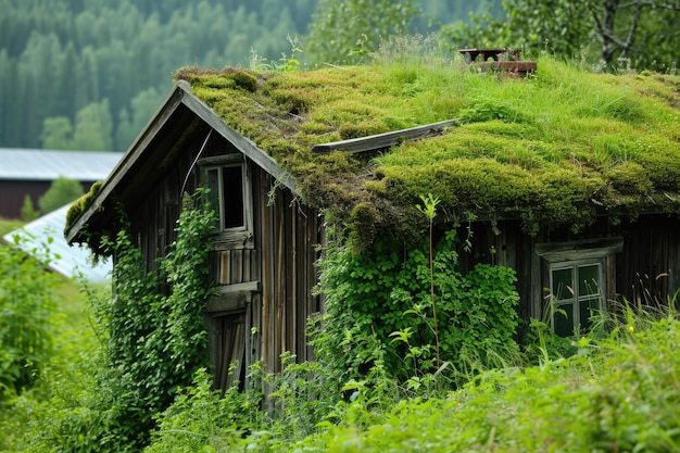 Paesaggio di un giorno soleggiato tetto verde su un edificio di legno coperto di vegetazione