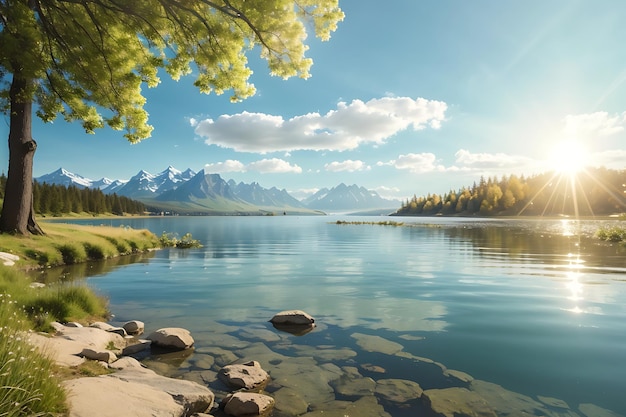 Paesaggio di un lago soleggiato