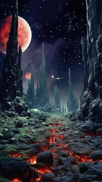 Paesaggio di un pianeta alieno sfondo desktop carta da parati Terreno roccioso Aurore Flora e cometa