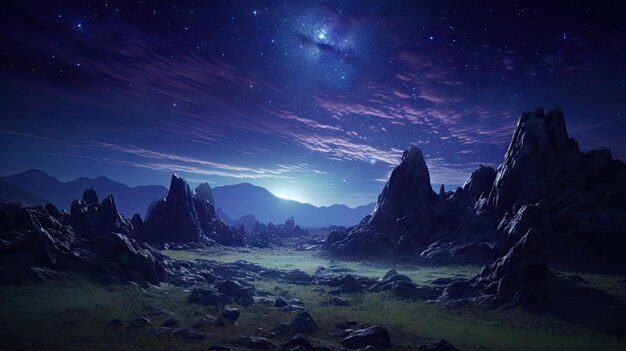 paesaggio di un pianeta alieno surreale fantascienza sullo sfondo del desktop di terreni rocciosi cristallini luminescenti