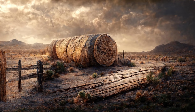 Paesaggio di un ranch in Occidente con una staccionata in legno e una botte