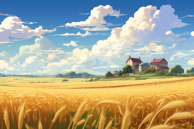 Paesaggio di un villaggio con un campo di grano in stile anime