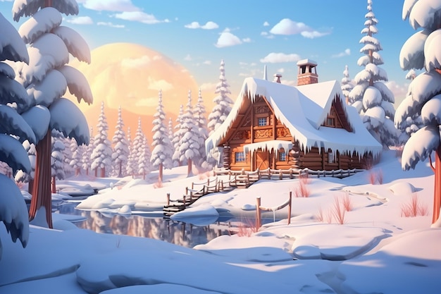 Paesaggio di una casa in legno in una foresta innevata Fiaba invernale IA generativa