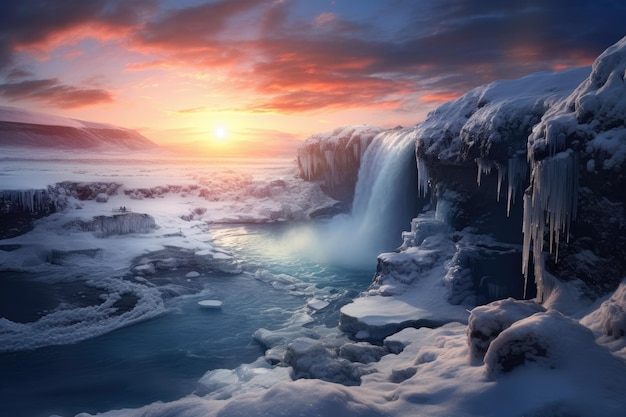 Paesaggio di una cascata ghiacciata all'alba