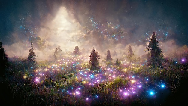 Paesaggio di una foresta fantasy in stile fantasy con luci iridescenti tra l'erba