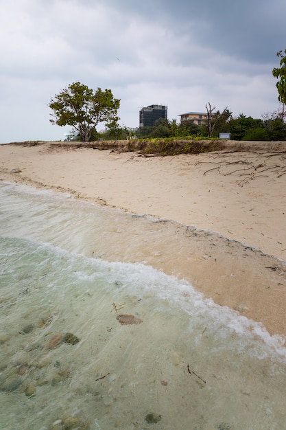 Paesaggio di una spiaggia tropicale in una giornata nuvolosa