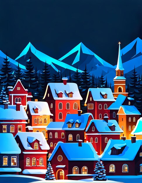 Paesaggio di villaggio invernale Carta di auguri di Buon Natale illustrazione piatta Notte innevata in una città accogliente panorama della città