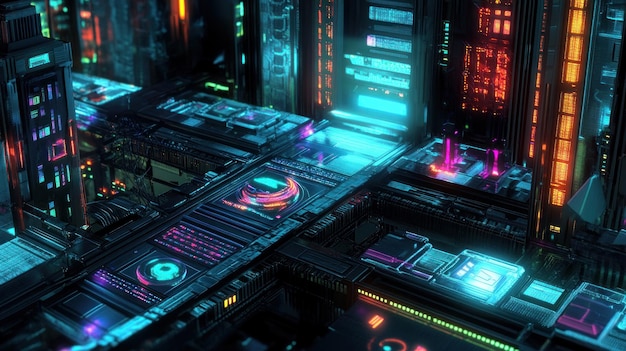 Paesaggio digitale futuristico della città al neon