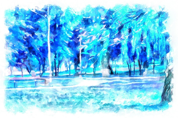 Paesaggio dipinto ad acquerello con alberi nel parco Imitazione di arte digitale moderna dipinta a mano con colorante aquarells