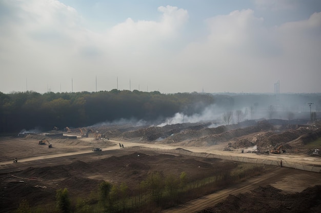 Paesaggio disboscato accanto all'autostrada trafficata con il fumo delle fabbriche vicine visibile sullo sfondo