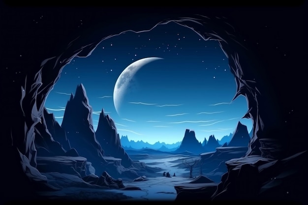 Paesaggio e luna blu freddi della terra desolata visibili dalla caverna generativa ai