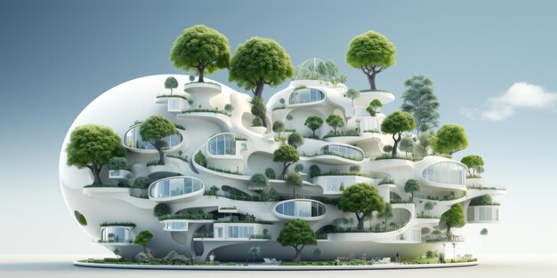 paesaggio ecofuturistico molto verde che cresce sui grattacieli futuro IA generativa