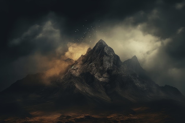Paesaggio enigmatico Montagna marrone sotto un cielo cupo AR 32