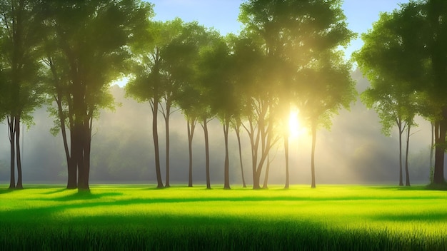 Paesaggio estivo con alberi nella radura con erba verde in una giornata di sole