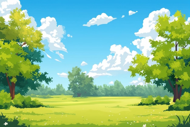 Paesaggio estivo con alberi verdi e cielo blu