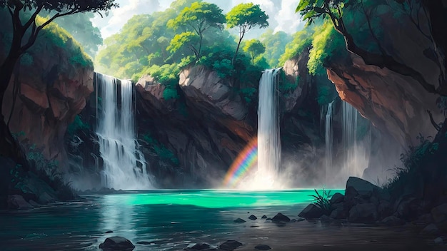 paesaggio estivo con cascata arcobaleno