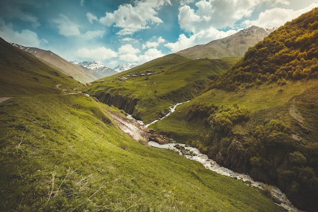 Paesaggio estivo con fiume e montagna picco di neve