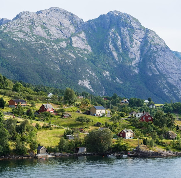 Paesaggio estivo con un villaggio norvegese