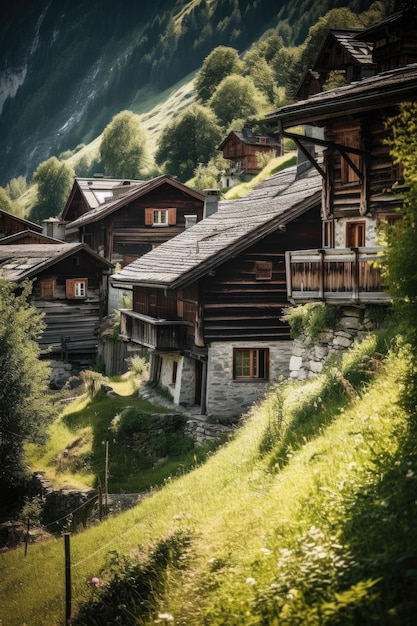 Paesaggio estivo di montagna svizzero con il tradizionale villaggio di cottage ai generativo